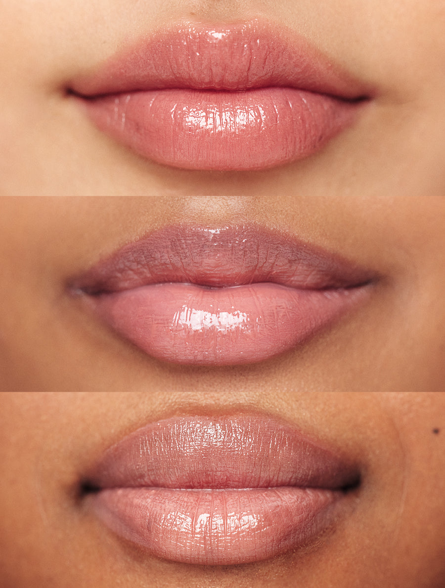 Lip swatches of models wearing Lanolips Tinted Lip Balm SPF 30 in Perfect Nude on different skin tones