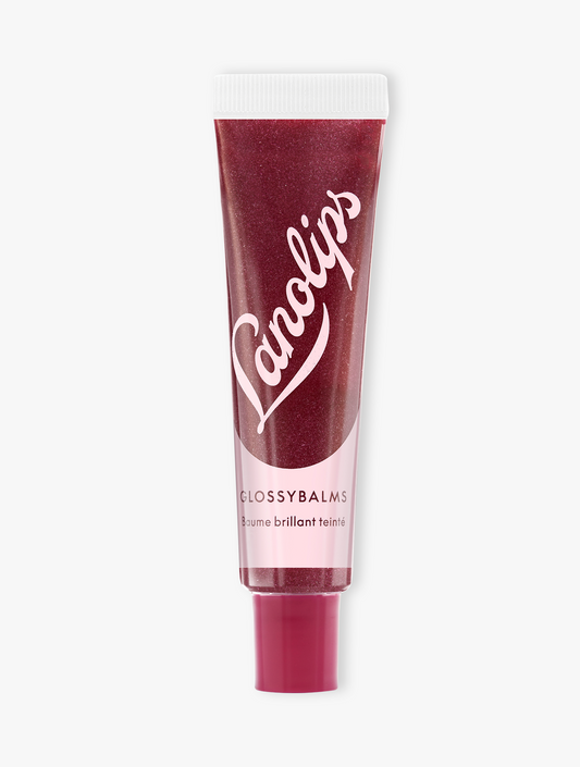 Product shot of the Lanolips Glossybalms Berry, featuring the closed tube. The Glossybalms lip balm contains lanolin and vitamin E for deep hydration, nourishment, and a glossy finish.