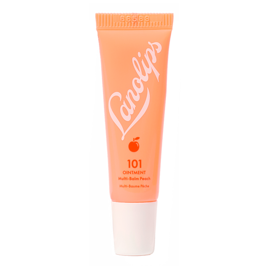 Product shot of the Lanolips 101 Ointment Multi-Balm Peach, featuring the closed tube. 101 Ointment Multi-Balm Peach is part of our 101 Flavoured lip balm range. The World's Best Lip Balm infused with with with silky peach kernel oil & vitamin E. This super-rich balm penetrates and seals in moisture to give long-lasting hydration for dry chapped lips, skin patches, cuticles, elbows & more.