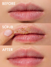 Load image into Gallery viewer, Before, during and after shot of our Lanolips Lip Scrub Coconutter. A balm based scrub made with sugar + exfoliating, ground fruit pieces to exfoilate and hydrate your lips.
