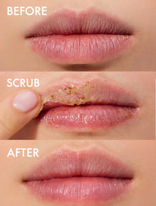 Before, during and after shot of our Lanolips Lip Scrub Coconutter. A balm based scrub made with sugar + exfoliating, ground fruit pieces to exfoilate and hydrate your lips.