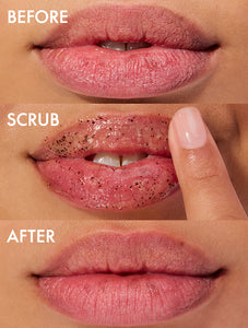 Before, during and after shot of our Lanolips Lip Scrub Coconutter. Our lip scrub enhances lip brightness by eliminating excess dead skin layers. Freshly scrubbed lips instantly appear healthier, feel smoother, and absorb balm more effectively.