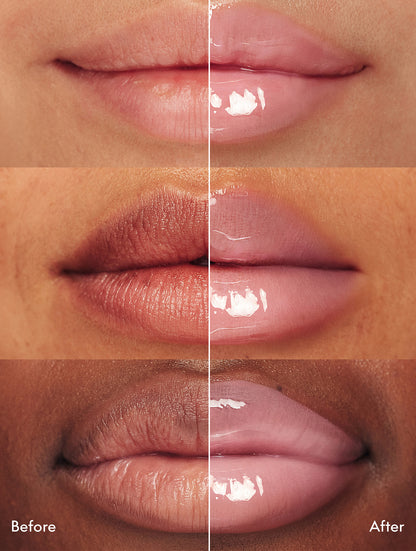 Before and after of lips on different skin tones wearing Strawberry Bubble Ceramide Milkshake Balm, showing hydrated, glossy lips with a sheer pink tint