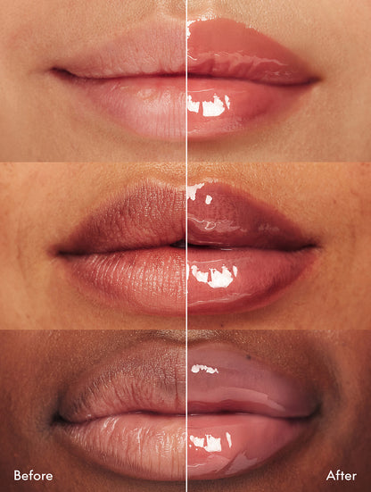Before and after lips on different skin tones wearing Lanolips Ceramide Milkshake Balm in Caramel Melt, showing hydrated, glossy lips with a rosy-caramel nude tint, over 99% natural