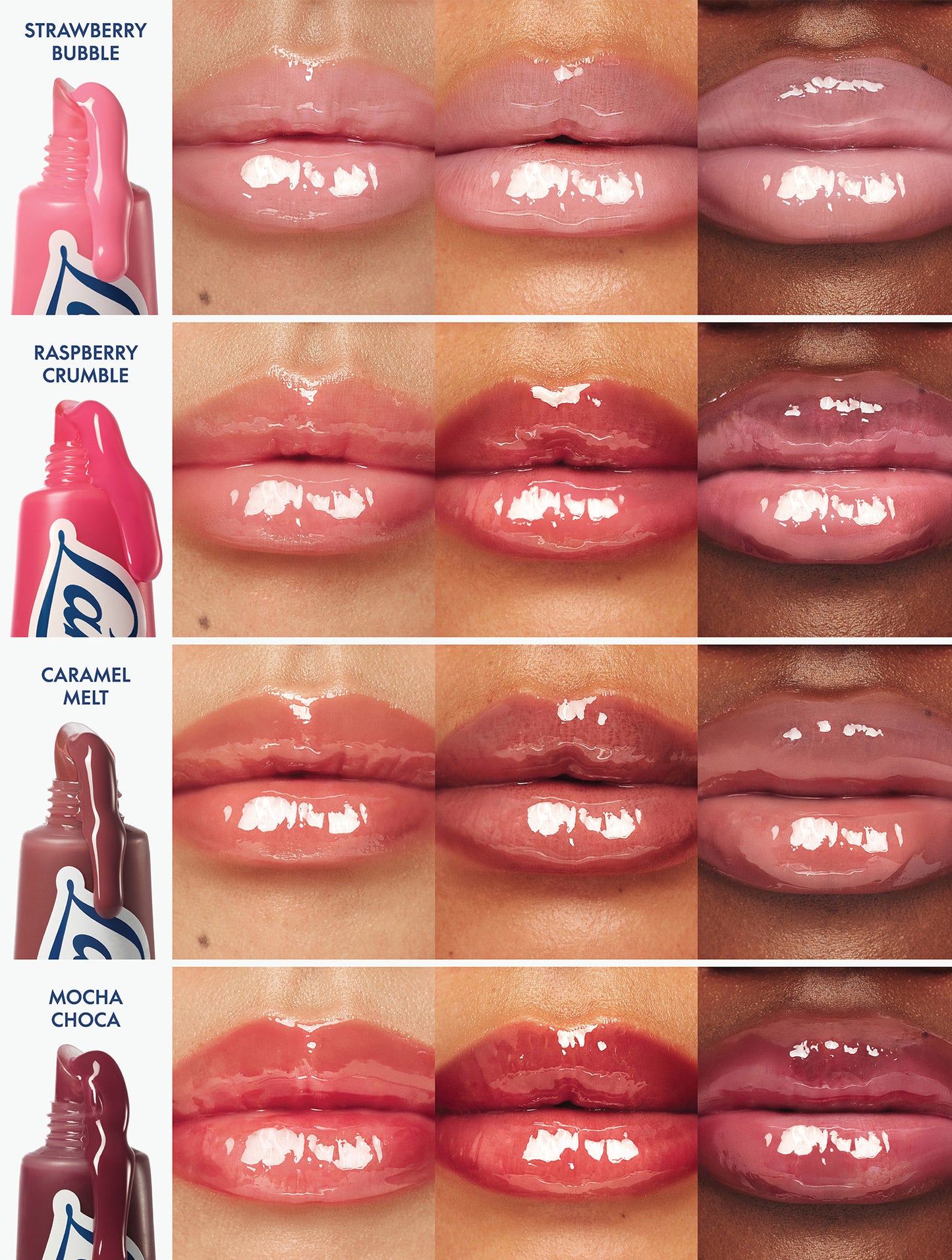 Shade comparison of Lanolips Milkshake Ceramide Balm, showing Strawberry Bubble, Raspberry Crumble, Caramel Melt and Mocha Choca across different skin tones with glossy, hydrated finishes.