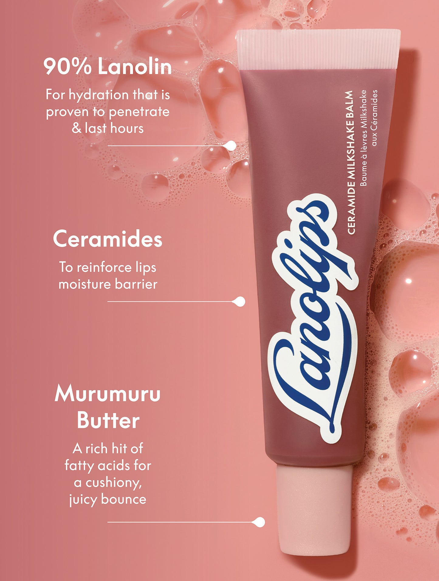 Lanolips Ceramide Milkshake Balm in Caramel Melt with ingredient callouts highlighting 90% lanolin, ceramides and murumuru butter for hydration and lip barrier support