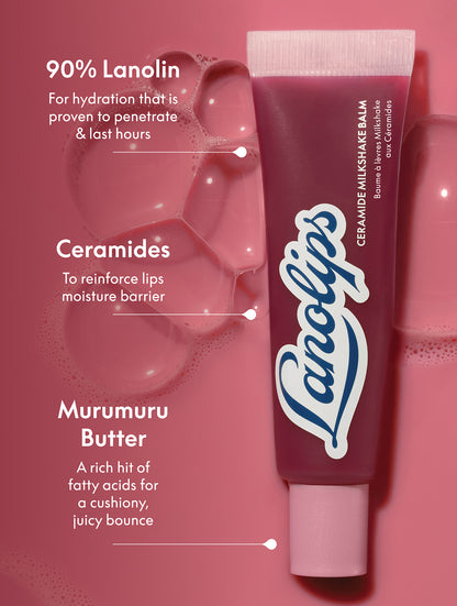 Lanolips Ceramide Milkshake Balm Mocha Choca ingredient infographic highlighting 90% lanolin, ceramides and murumuru butter for hydration