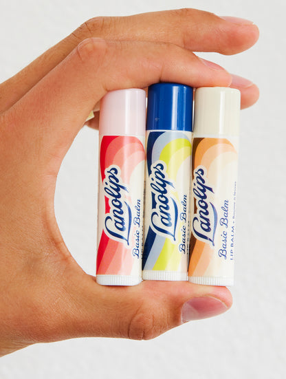 Groups of Lanolips Basic Balm range. 