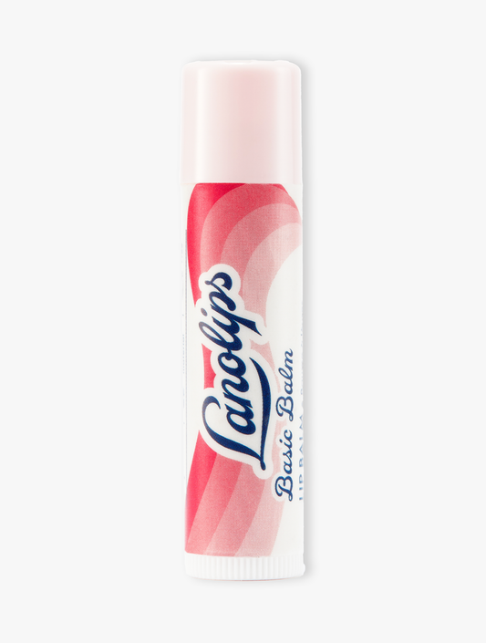 Lanolips basic balm strawberry is made with lanolin, combined with vitamin e, shea butter and jojoba and candelilia wax.