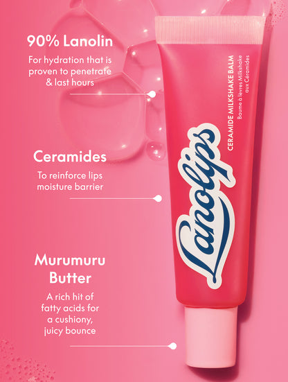 Lanolips Milkshake Ceramide Balm in Raspberry Crumble with ingredient callouts highlighting 90% lanolin, ceramides and murumuru butter for hydration and lip barrier support