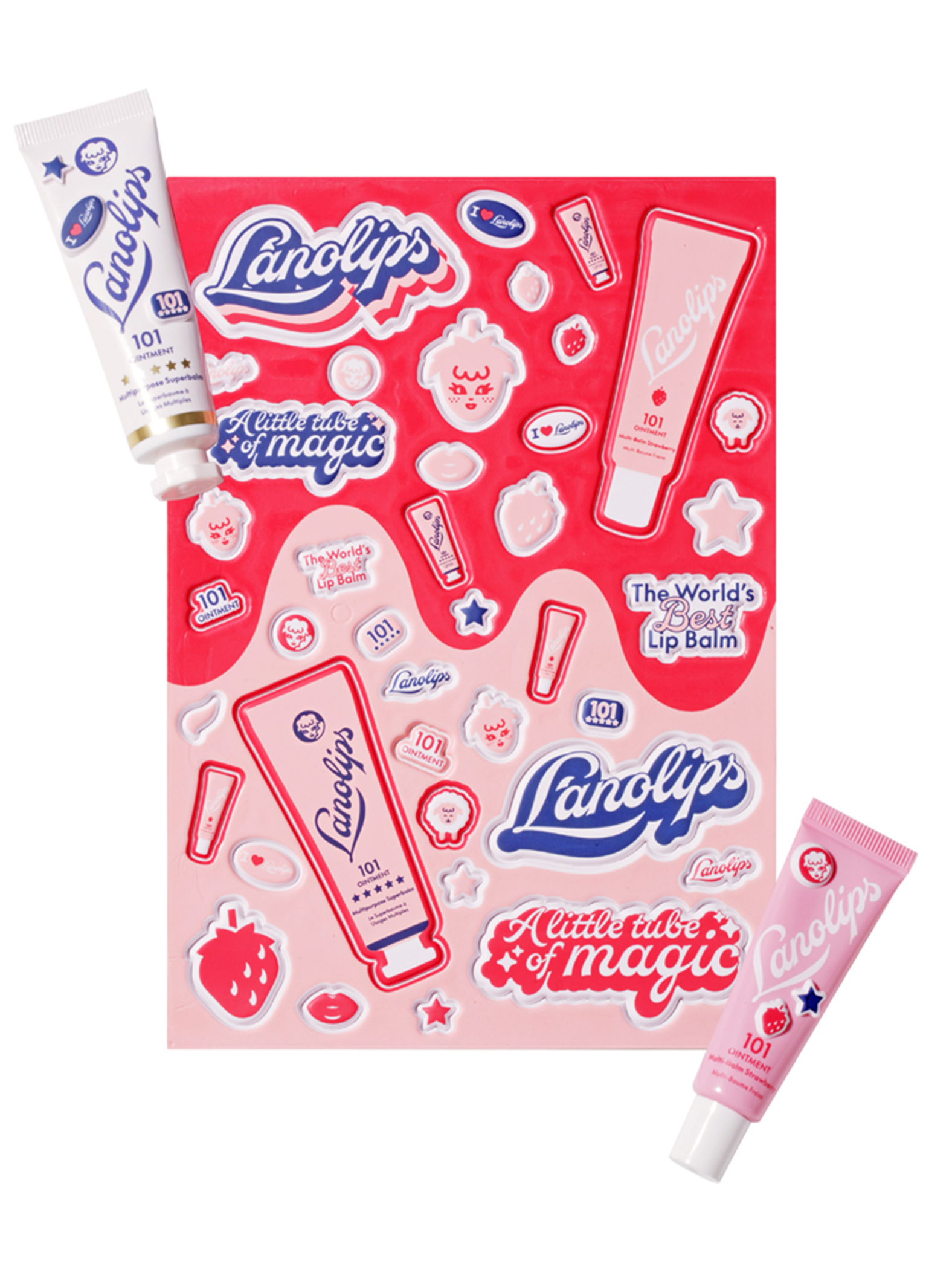 Lanolips puffy sticker sheet with Original 101 Ointment and 101 Strawberry tubes styled flat lay with fruity, glossy sticker icons.
