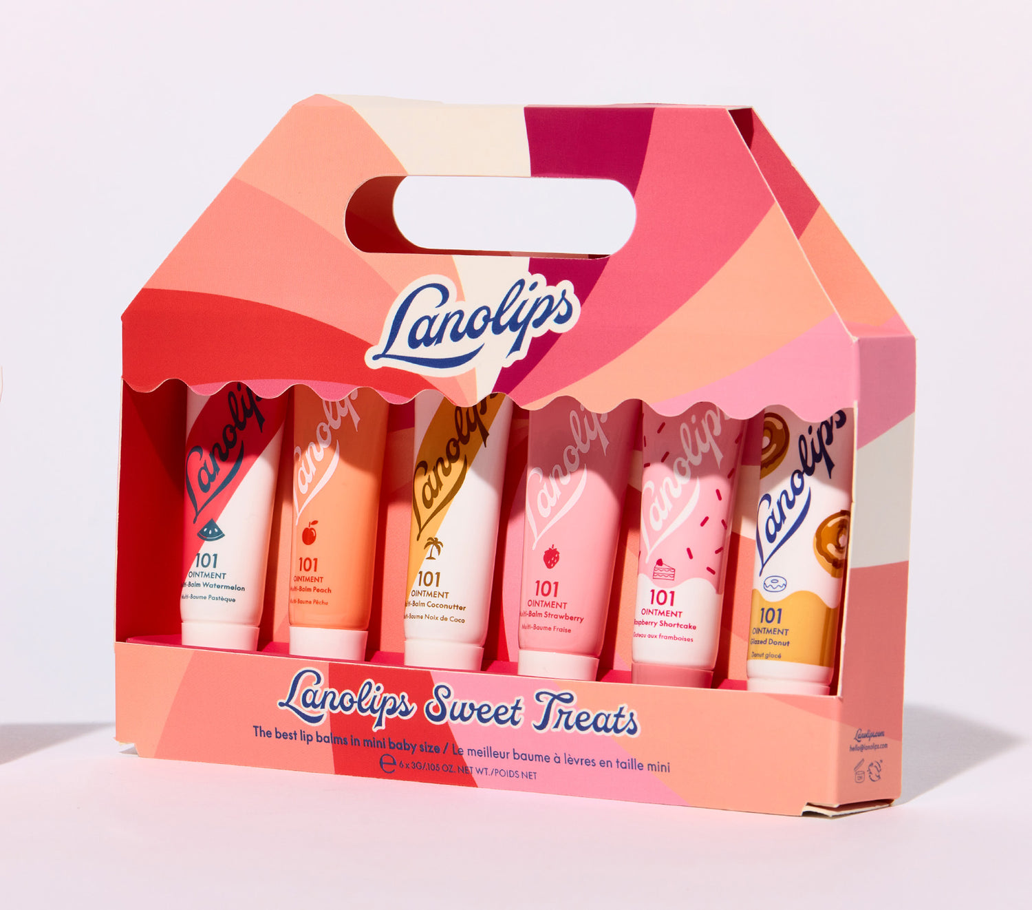 Product image of the Lanolips Sweet Treats mini set containing our best selling 101 Ointment lip balm flavours in watermelon, peach, coconutter, strawberry, raspberry shortcake and glazed donut in mini baby sized tubes.