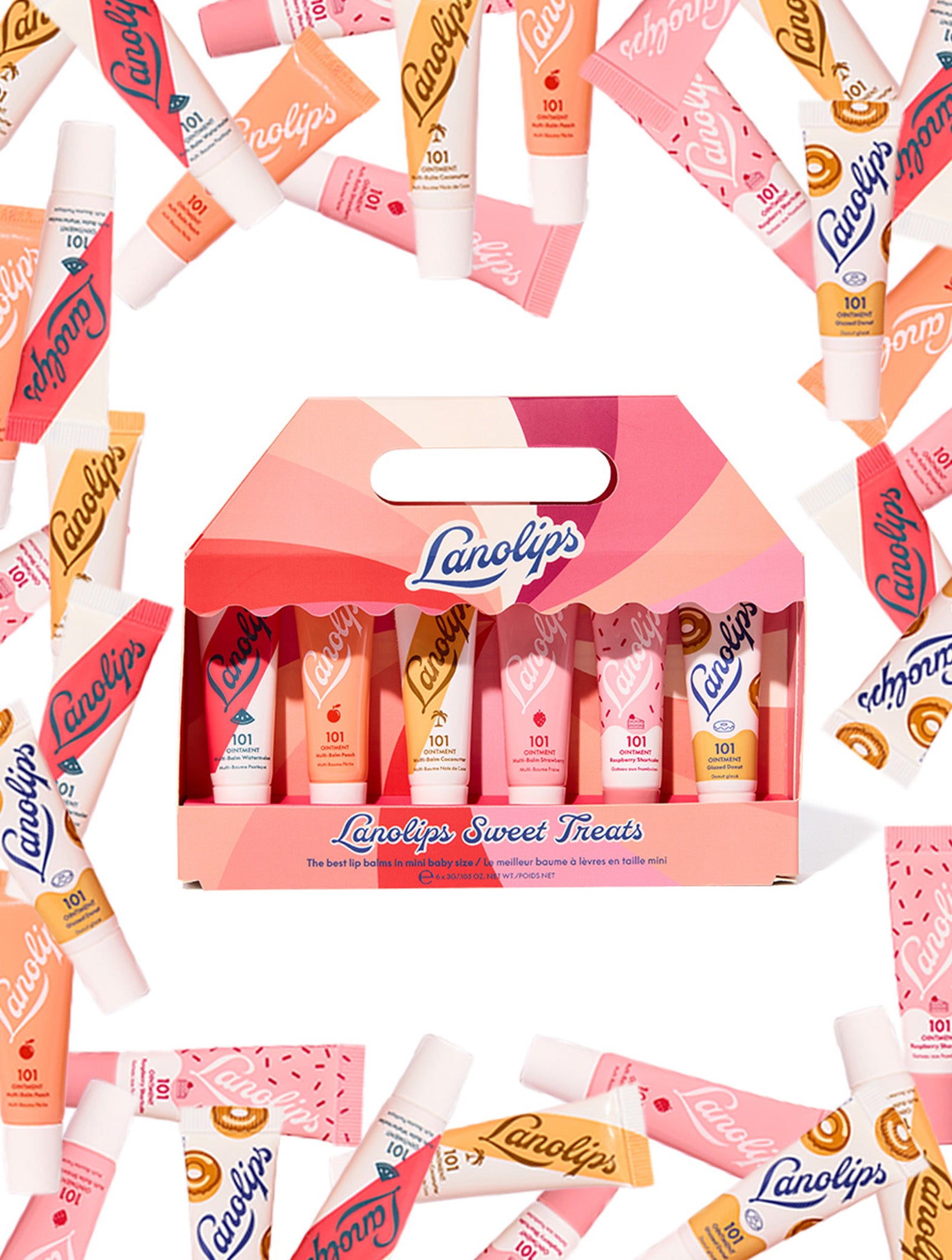 Lanolips Sweet Treats contains 6 mini lip balms in 101 Fruities Ointment flavours Watermelon, Peach, Coconutter, Strawberry, Raspberry Shortcake and Glazed Donut