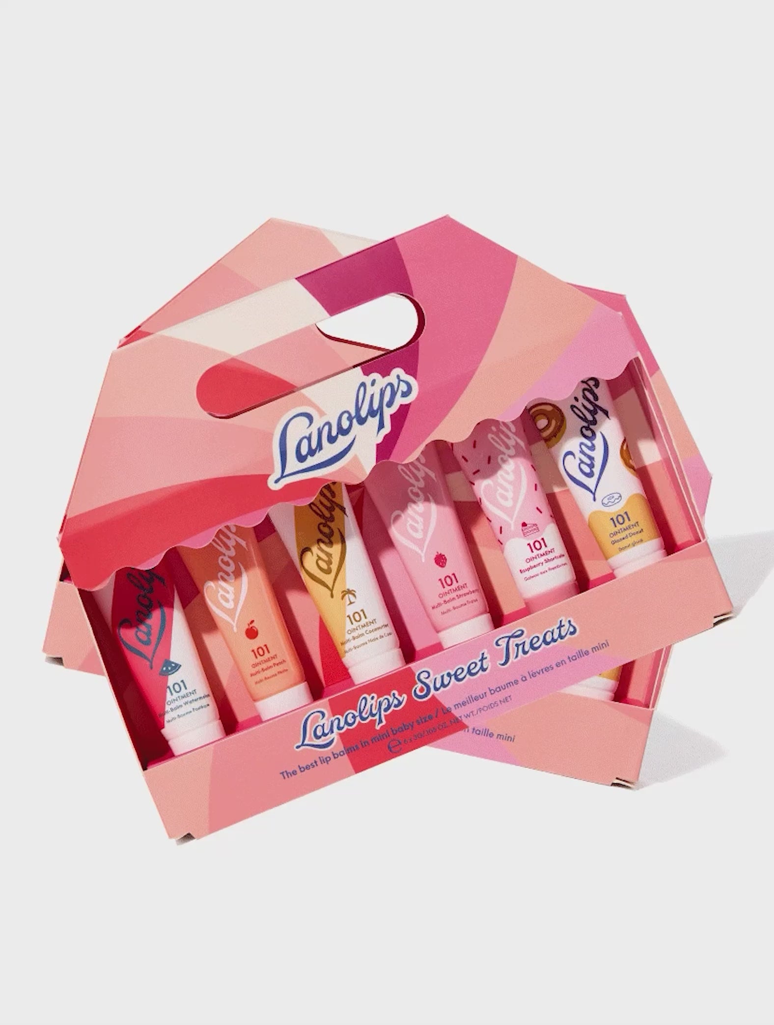 Lanolips Sweet Treats is a limited edition holiday set containing our best selling 101 Ointment flavoured range, including Watermelon, Peach, Coconutter, Strawberry, Raspberry Shortcake and Glazed Donut.