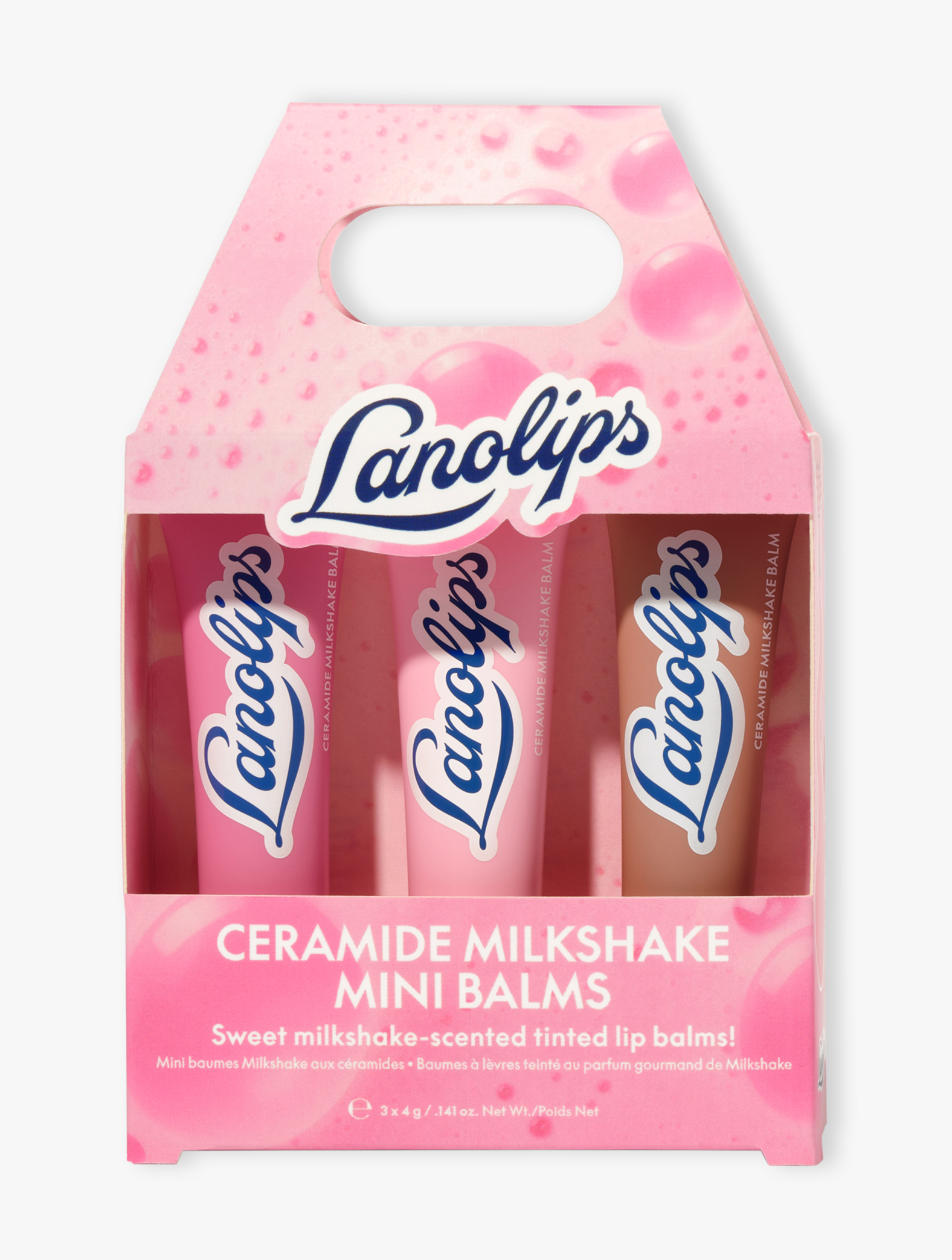 Pack of Lanolips Ceramide Milkshake mini balms with pink packaging on a white background.
