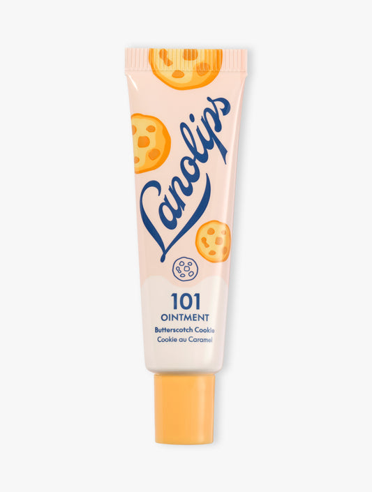 Product shot of the Lanolips 101 Ointment Multi-Balm Butterscotch Cookie. Part of the 101 Delicious collection, it's made with rich lanolin, vitamin E and all-natural flavours to nourish dry lips.