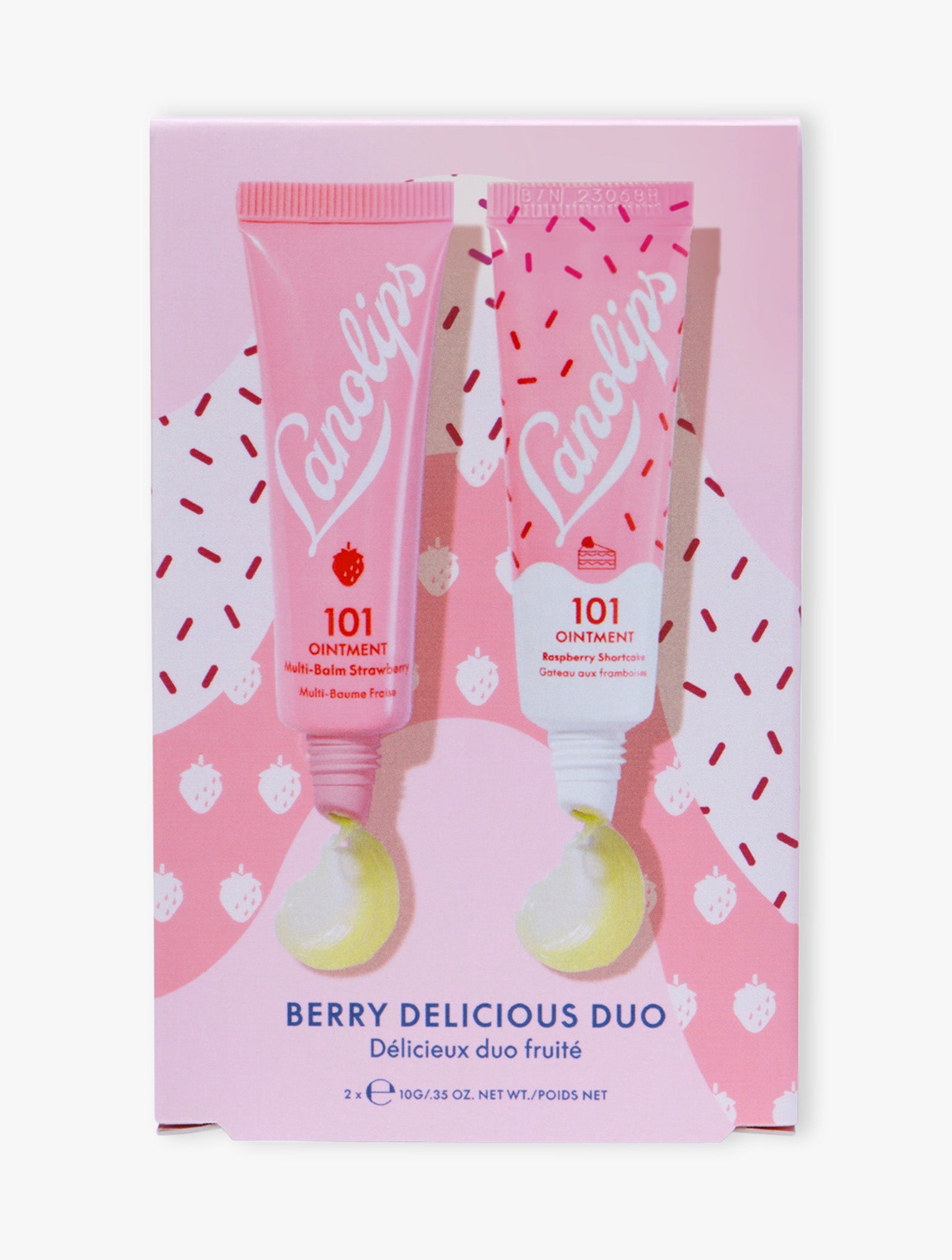 Product shot of the Lanolips Berry Delicious Duo packaging - containing our best selling 101 Ointment Multi-Balm Strawberry and Raspberry Shortcake.