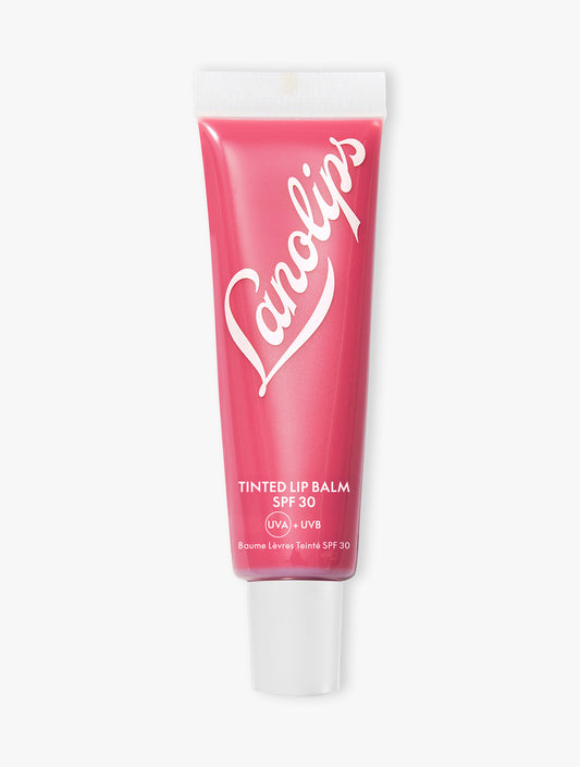 Product shot of Lanolips Tinted Lip Balm SPF 30 Rhubarb. 