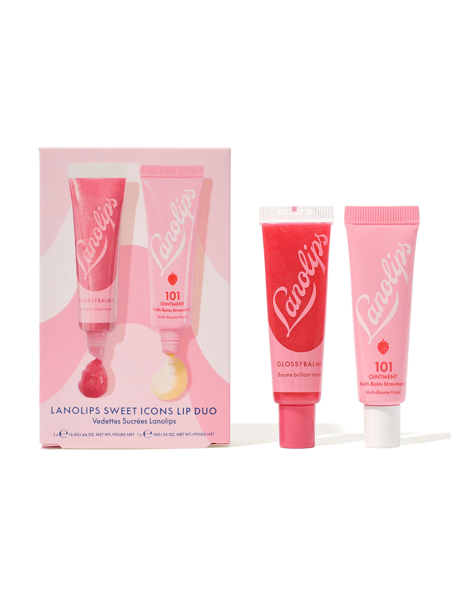 A still shot of the Lanolips Sweet Icons Lip Duo packaging. The duo contains best selling Glossy Balm Candy and 101 Ointment Multi-Balm Strawberry. 